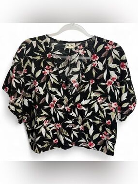 H.I.P. black red green boxy floral v-neck crop top lightweight beach summer boho